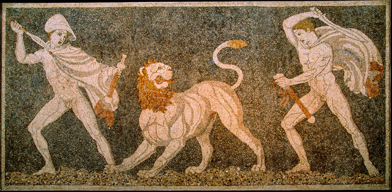 Mosaik, das Alexander den Großen und Hephaestion zeigt, wie sie einen Löwen töten. Pella Archäol... von James L Stanfield