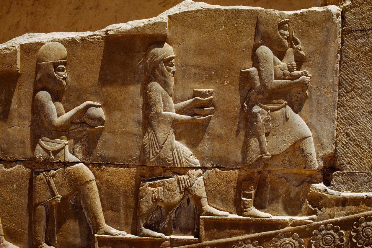 Reliefskulptur von Männern, die Opfergaben tragen, an den Wänden von Persepolis. Persepolis, Iran. von James L Stanfield