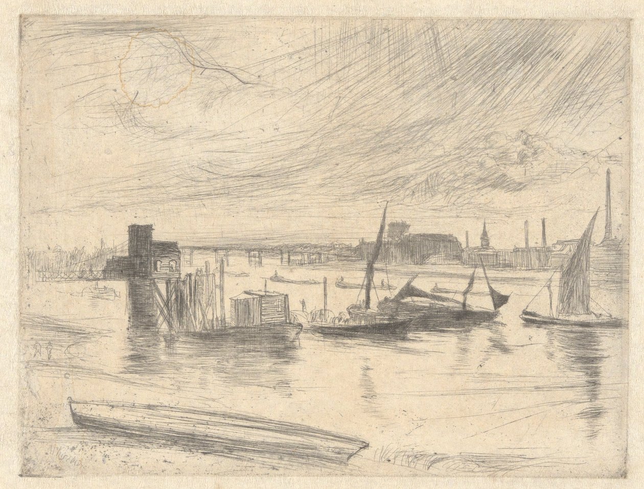 Battersea Morgendämmerung (Cadogan Pier), aus der Thames Set (Eine Serie von sechzehn Radierungen von Szenen an der Themse und anderen Motiven) von James Abbott McNeill Whistler
