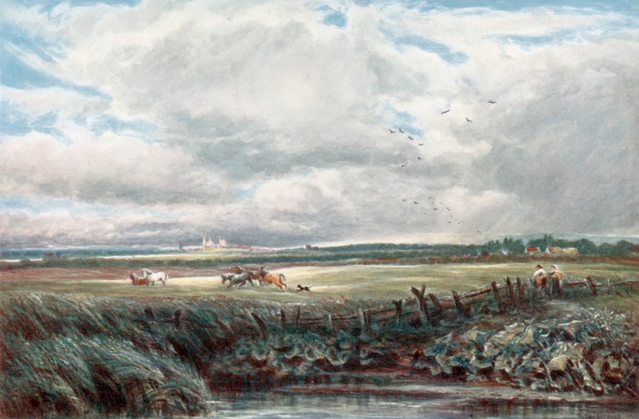 Entfernter Blick auf die Kathedrale von Peterborough: Der erste Begräbnisort von Maria Stuart von James Orrock