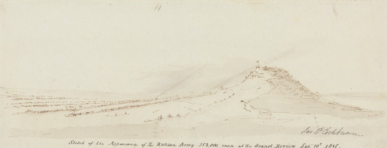 Skizze des Erscheinungsbildes der russischen Armee, 152.000 Mann bei der großen Parade, 10. September 1815 von James Pattison Cockburn