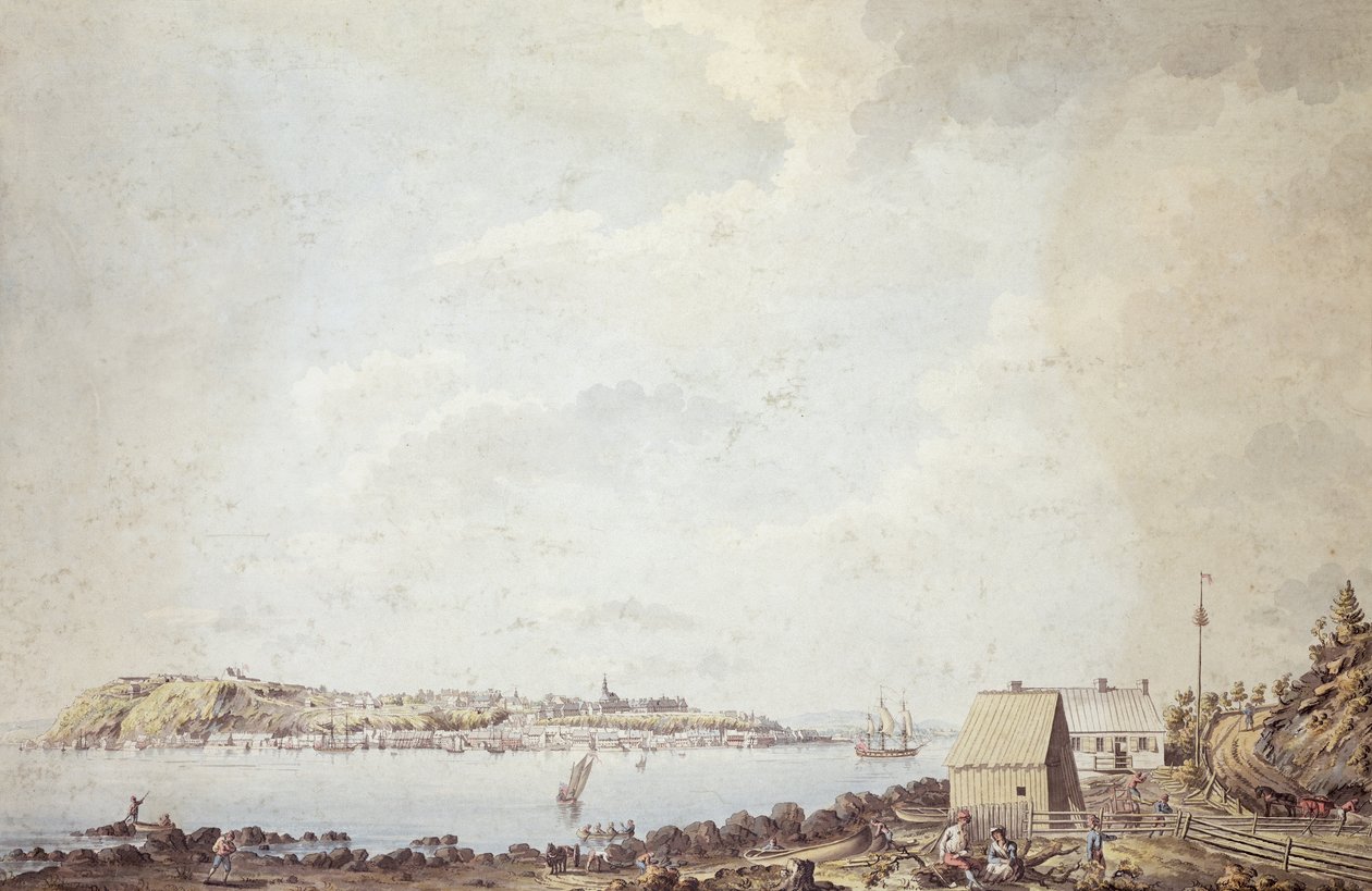 Ansicht von der Stadt Quebec, der Hauptstadt Kanadas, vom Fährhaus auf der gegenüberliegenden Seite des Flusses, 3. Oktober 1784 von James Peachey