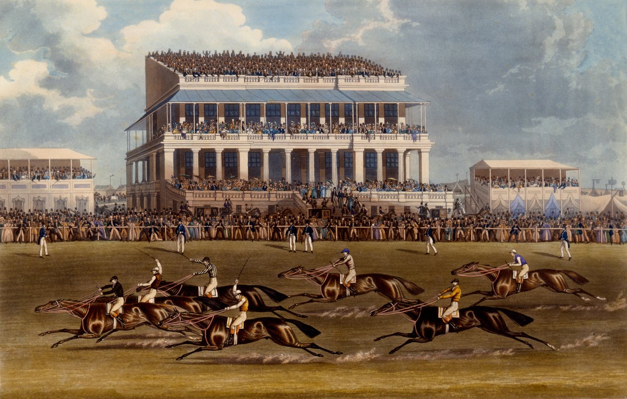 Die Haupttribüne bei den Epsom-Rennen, Druck von Charles Hunt, 1836 von James Pollard