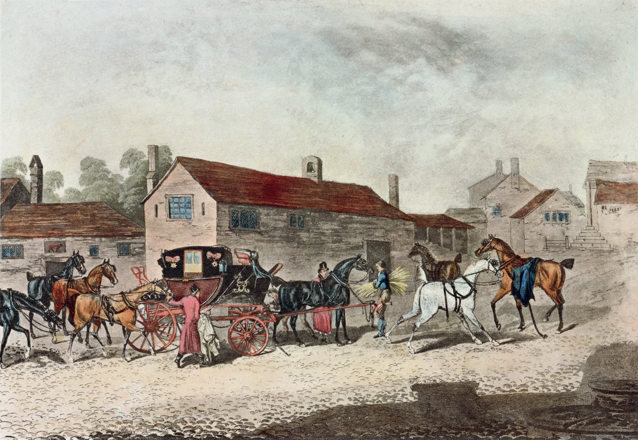 Der Postkutschenwechsel, graviert von R. Havell, 1815 von James Pollard
