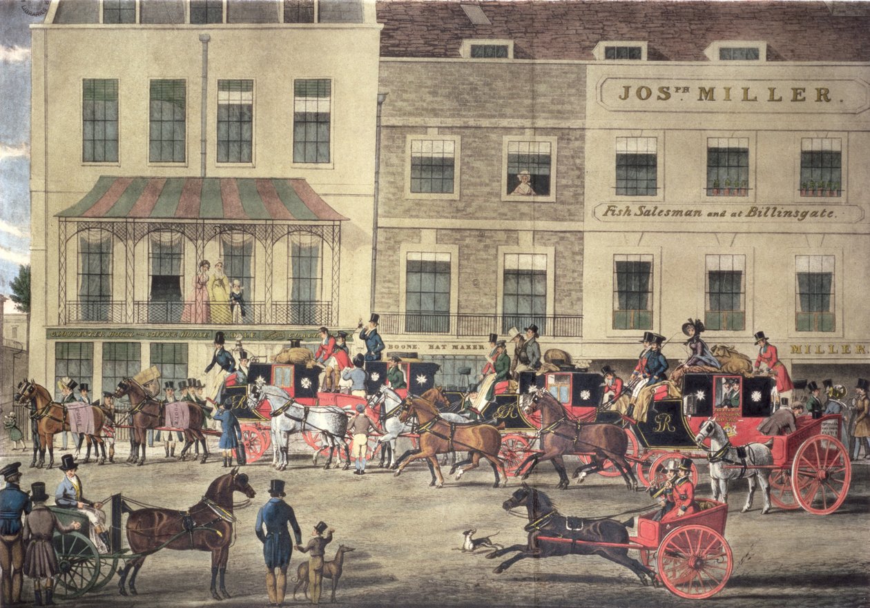 West Country Mails im Gloucester Coffee House, Piccadilly, graviert von C. Rosenberg, 1828 von James Pollard