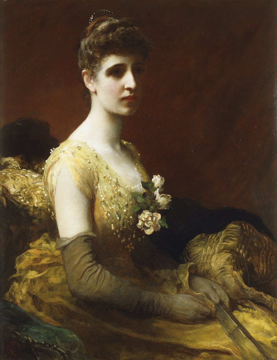 Porträt von Lady Dixon von Rheda, dreiviertel Länge, sitzend, gelbes Kleid mit Blumen, Fächer haltend von James Sant