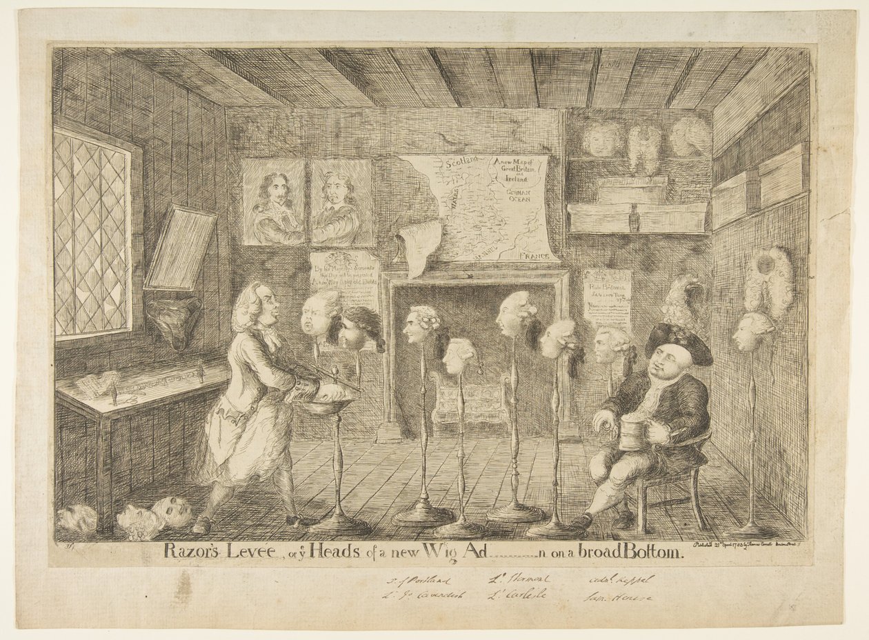 Razors Levée, oder Ye Heads of a New Wig Ad[ministration] auf breiter Basis, 21. April 1783 von James Sayers