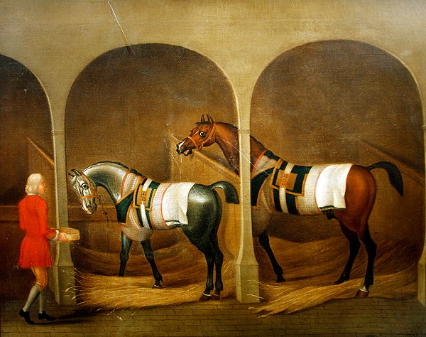Ein Stallbursche füttert zwei Pferde in einem Stall von James Seymour