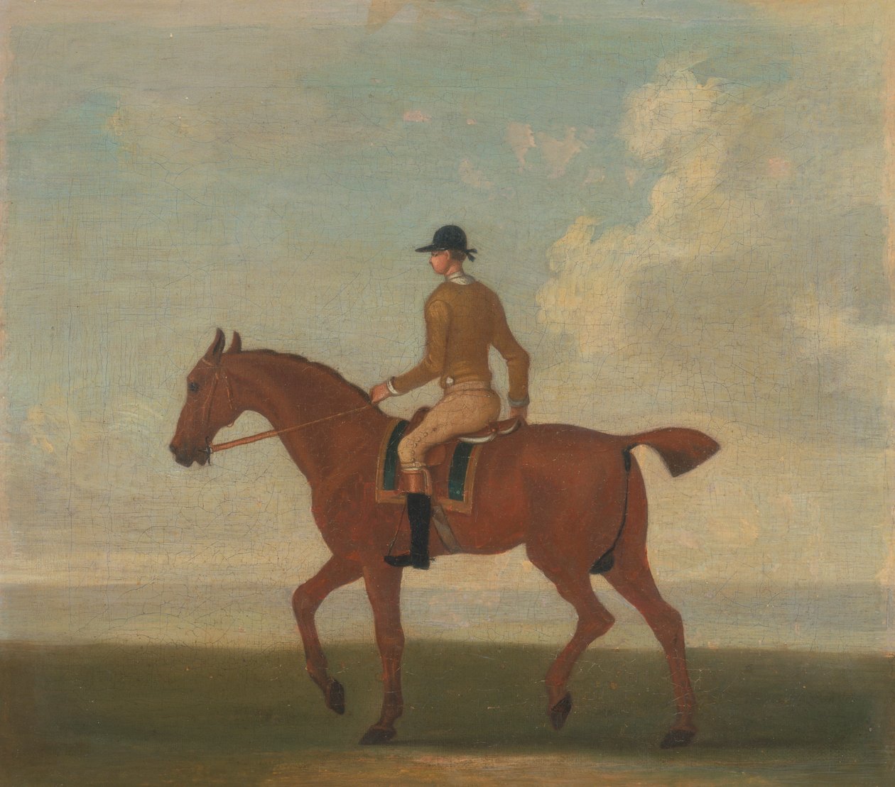 Eines von vier Pferdeporträts - ein kastanienbraunes Rennpferd mit Jockey: nach links gehend; Jockey in gelber Jacke von James Seymour