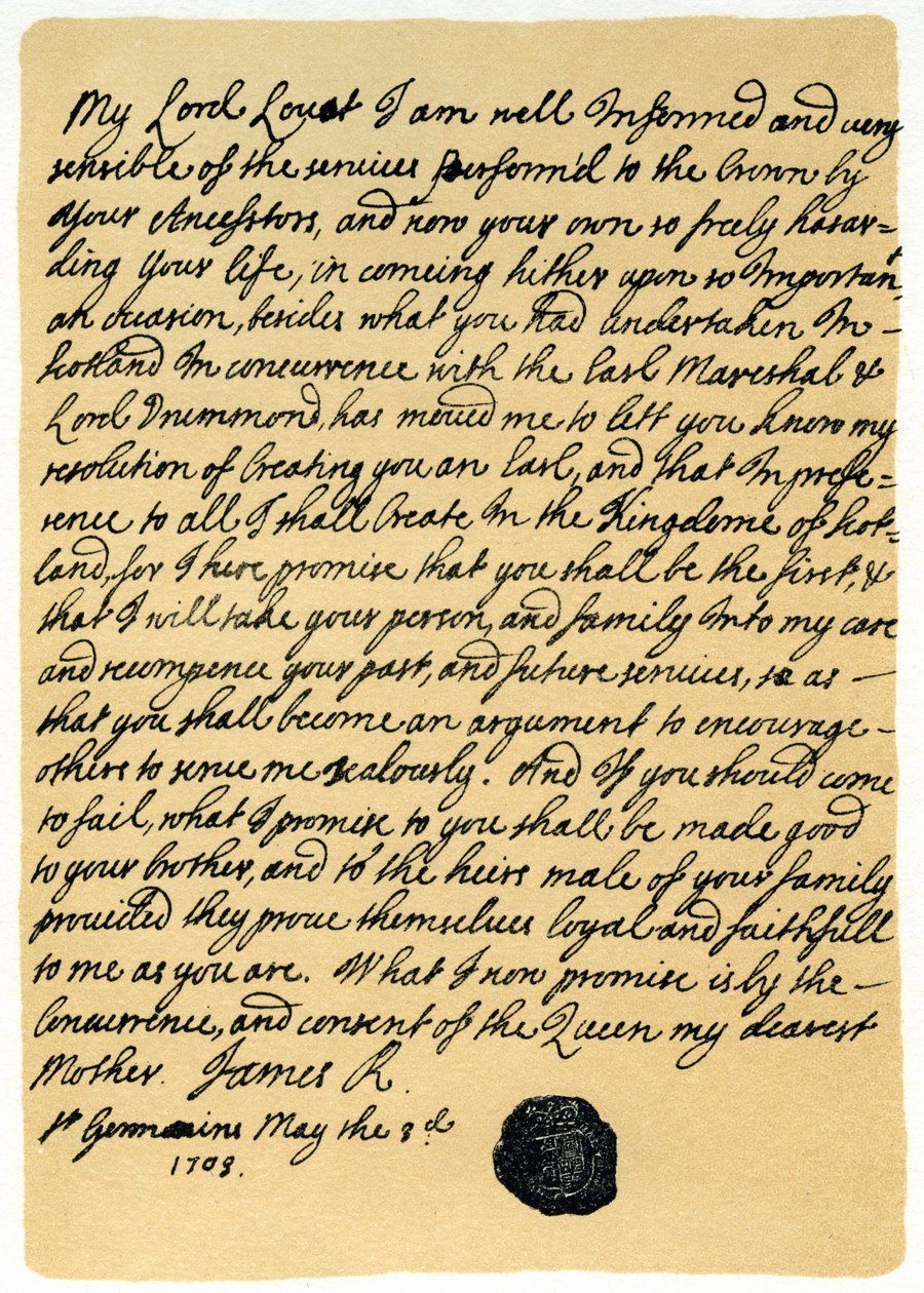 Brief von James Edward Stuart an Simon Fraser, Lord Lovat, St. Germains, 3. Mai 1703 von James Stuart