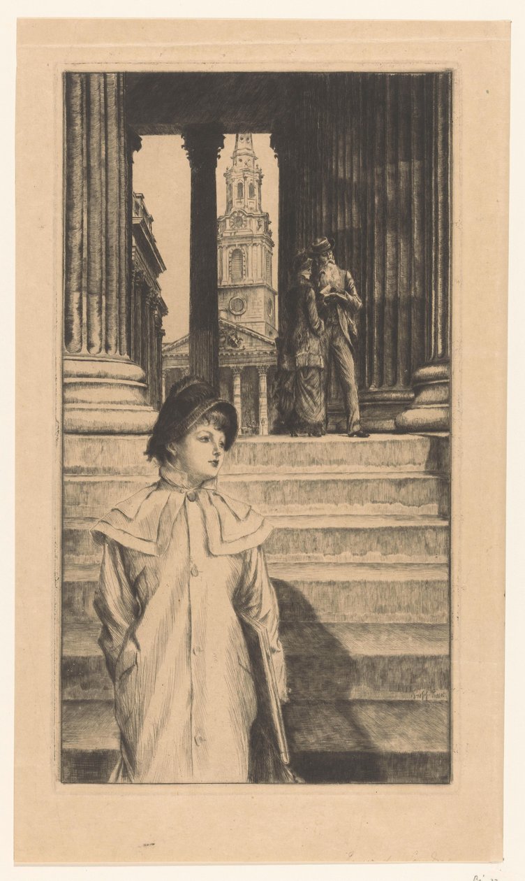 Junge Frau geht die Treppen der National Gallery in London hinunter von James Tissot
