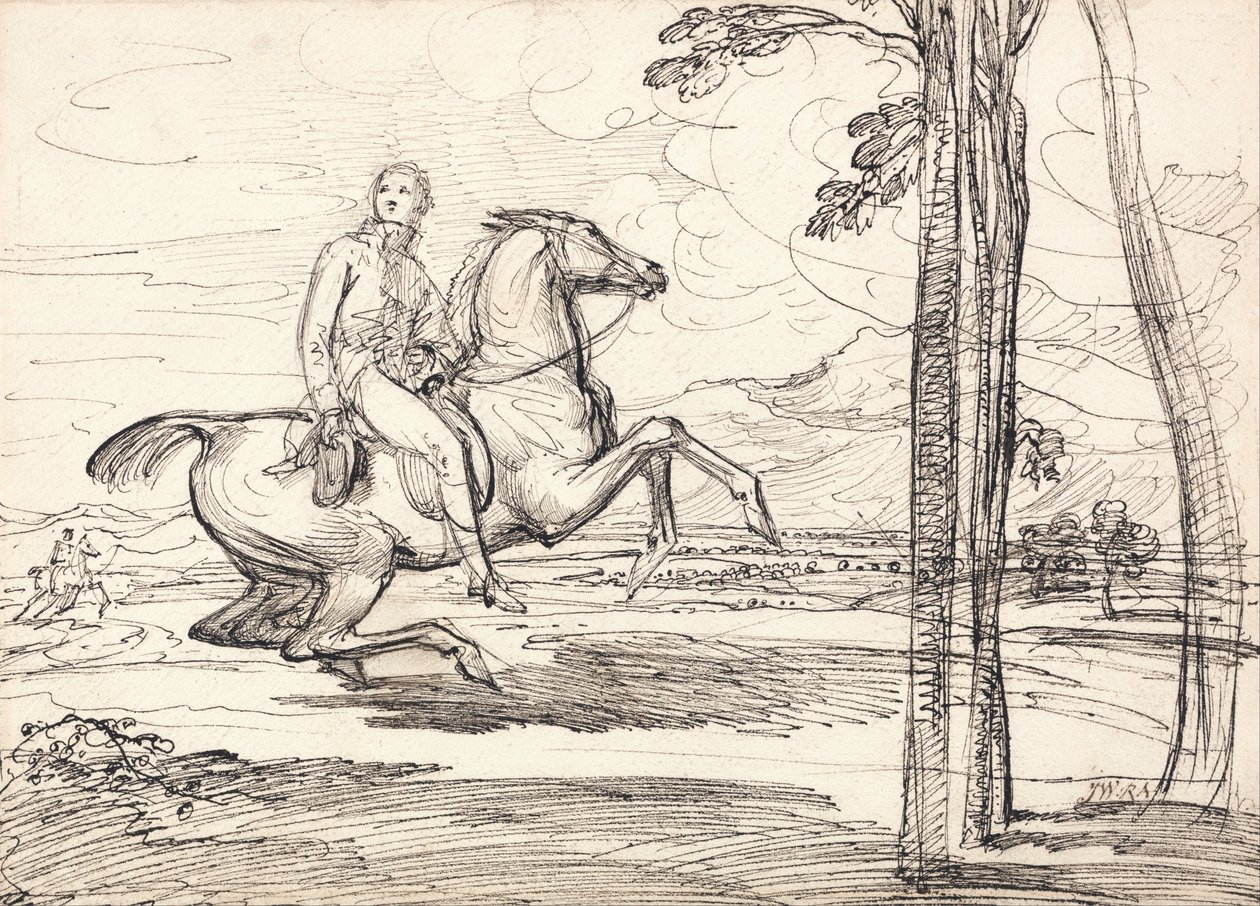 Ein Reiter in einer Landschaft: Wahrscheinlich eine Studie für "Theophilus Levett Fuchsjagd im Wychnor Park" von James Ward