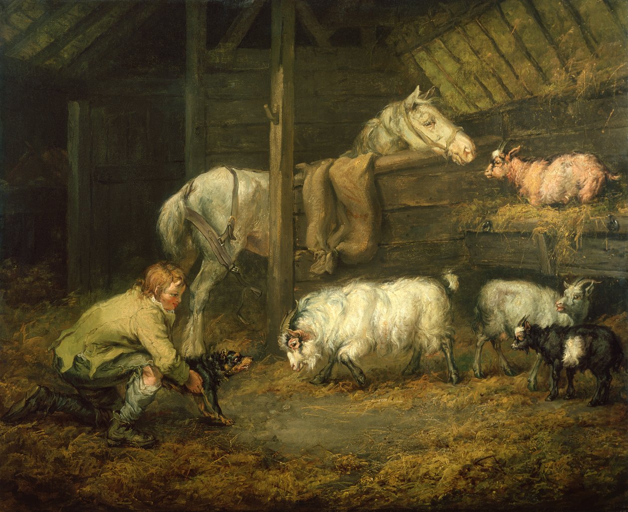 Junger Junge und sein Hund in einem Stall mit einem Pferd und Schafen von James Ward