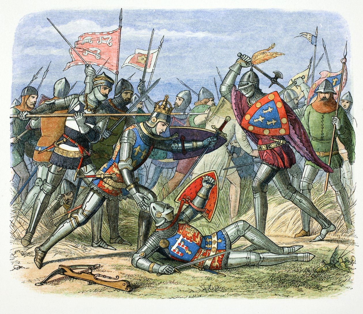 Heinrich V. von England wird von Herzog von Alençon in der Schlacht von Agincourt angegriffen, 1415, 1864 von James William Edmund Doyle