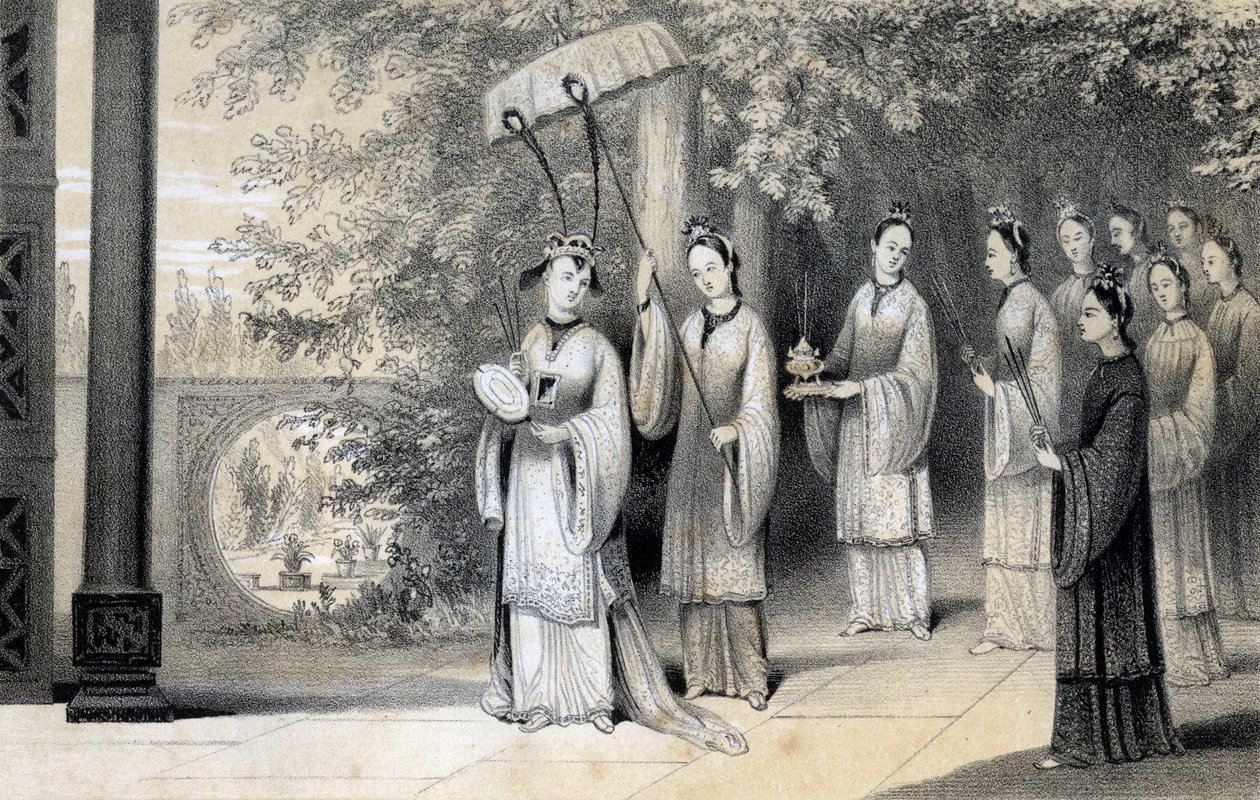 Die Kaiserin und ihre Begleiter auf dem Weg zum Tempel aus dem Maulbeerhain, 1847 von James William Giles