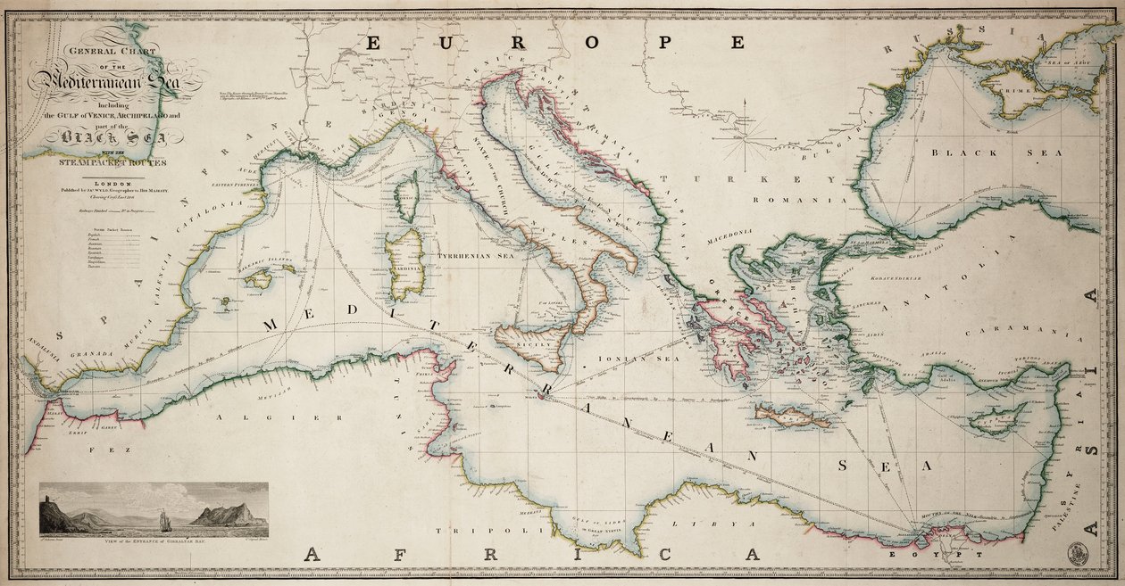 Generalkarte des Mittelmeers einschließlich des Golfs von Venedig, des Archipels und eines Teils des Schwarzen Meeres mit den Dampfschifffahrtsrouten von James the Younger Wyld