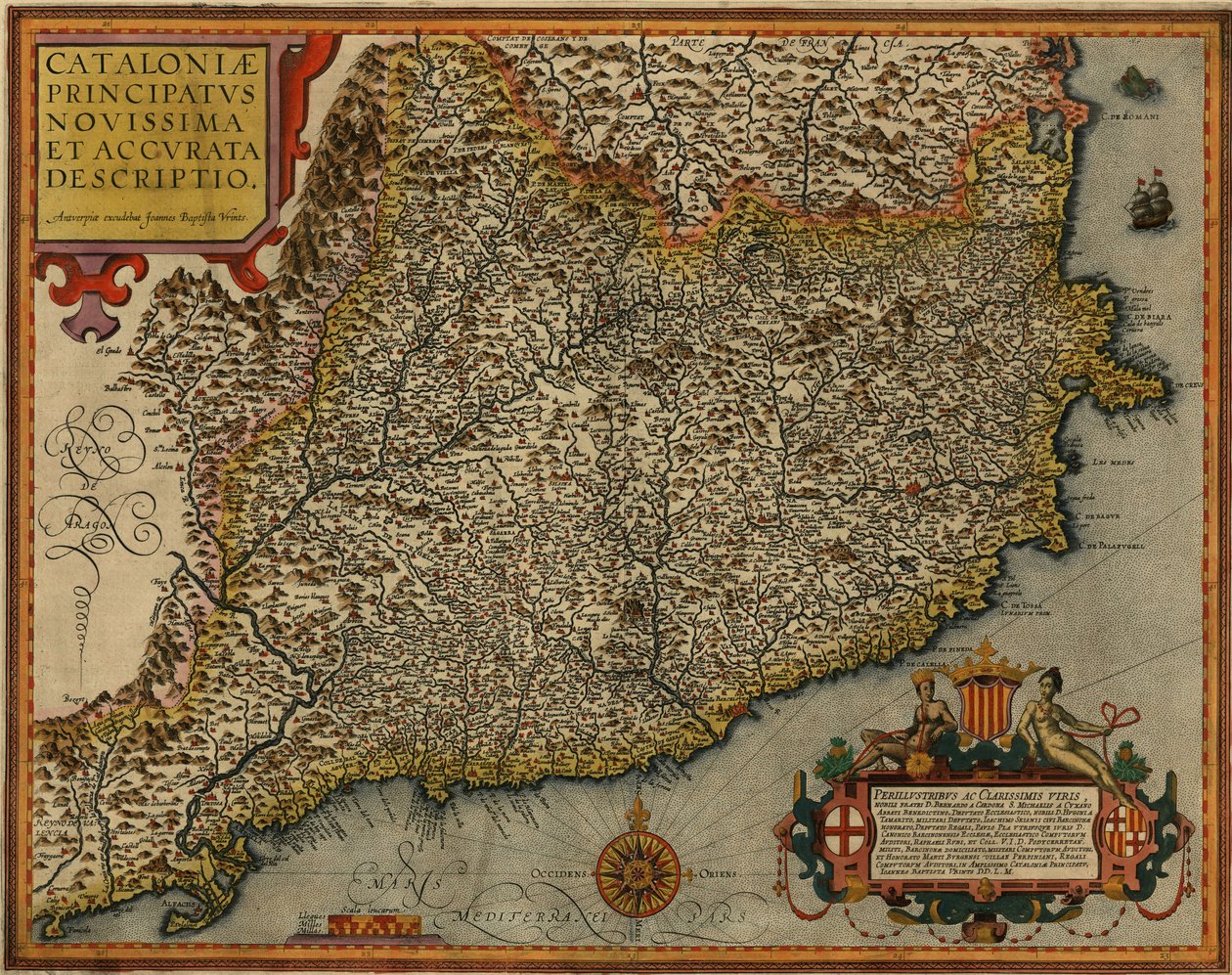Karte von Katalonien mit dem Titel Cataloniae principatus novissima et accurata descriptio, gedruckt in Antwerpen 1608 von Jan Baptist Vrients von Jan Baptist Vrients