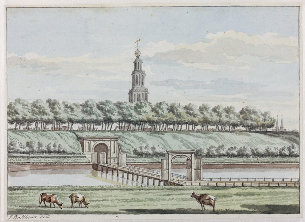 Außenseite des Herepoort und Herepoortenbrug mit Stadtmauer von Groningen von Jan Bulthuis