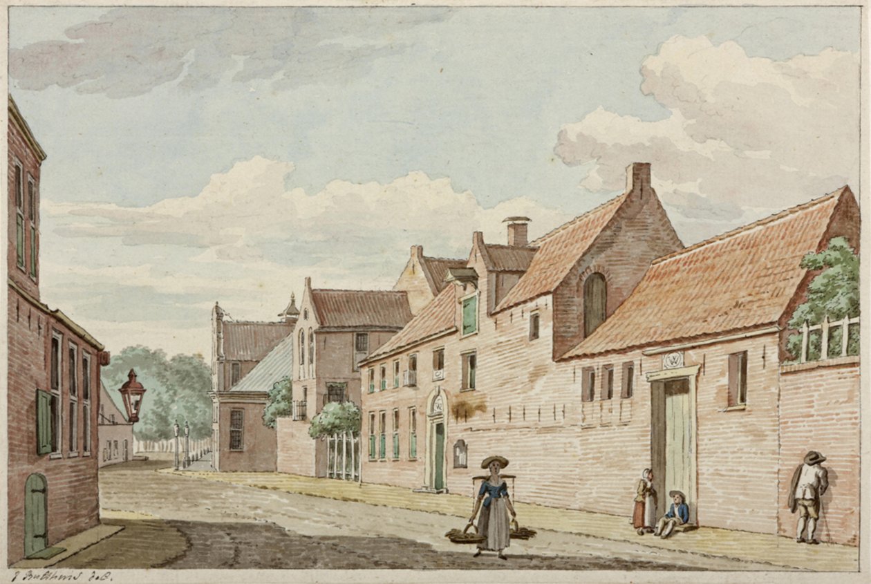 Munnekeholm mit rechts das Westindische Haus und dahinter im Hintergrund das Aduardergasthuis von Jan Bulthuis