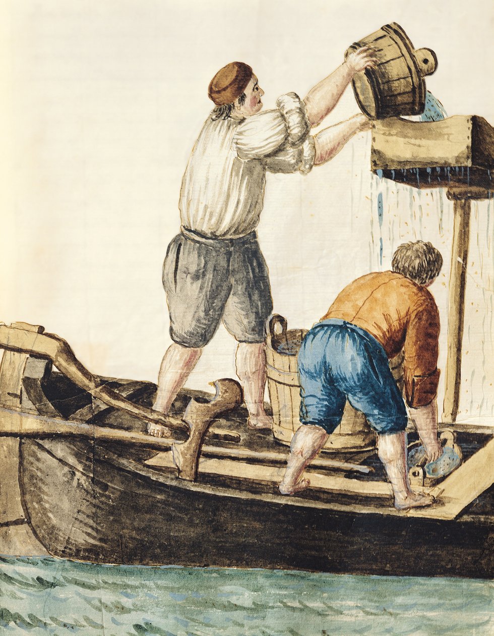 Bootsmänner gießen frisches Wasser in die Rohrleitungen von Jan van Grevenbroeck