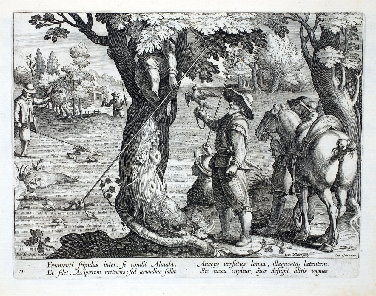 Vogeljäger, die Stangen mit Ringen verwenden, um Vögel zu fangen, Illustration aus 