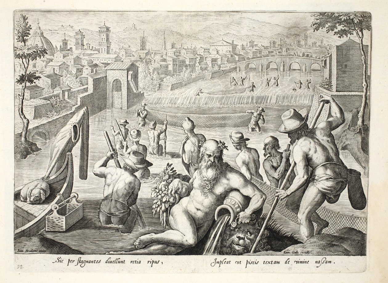 Methode des Fischfangs in seichtem Wasser mit Netzen, Illustration aus 