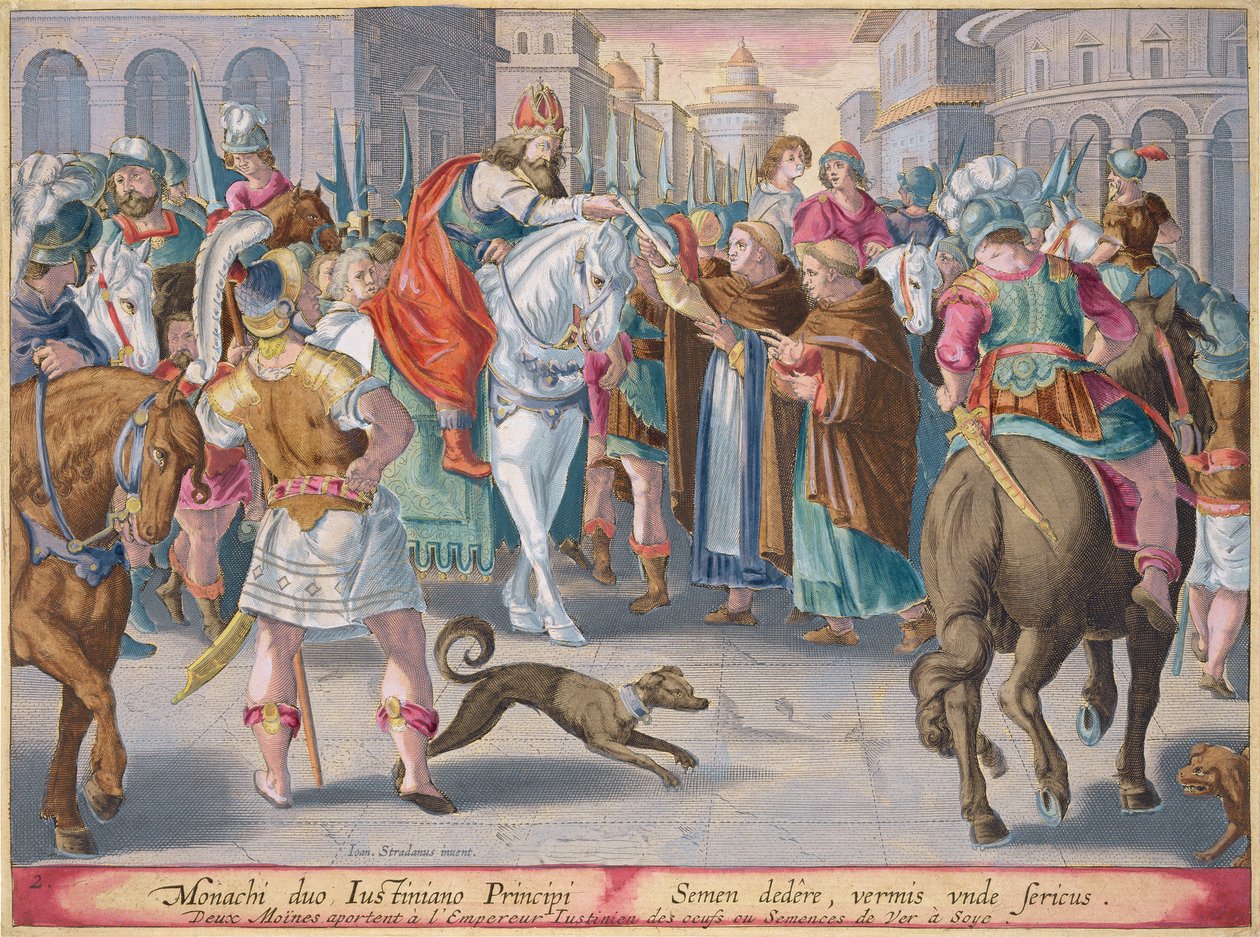Zwei Mönche präsentieren dem Kaiser Justinian Seidenraupen, die aus ...