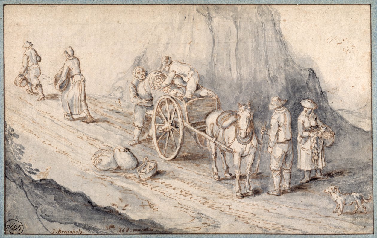 Bauern laden einen Einspänner mit Wurzelgemüse von Jan (follower of) Brueghel