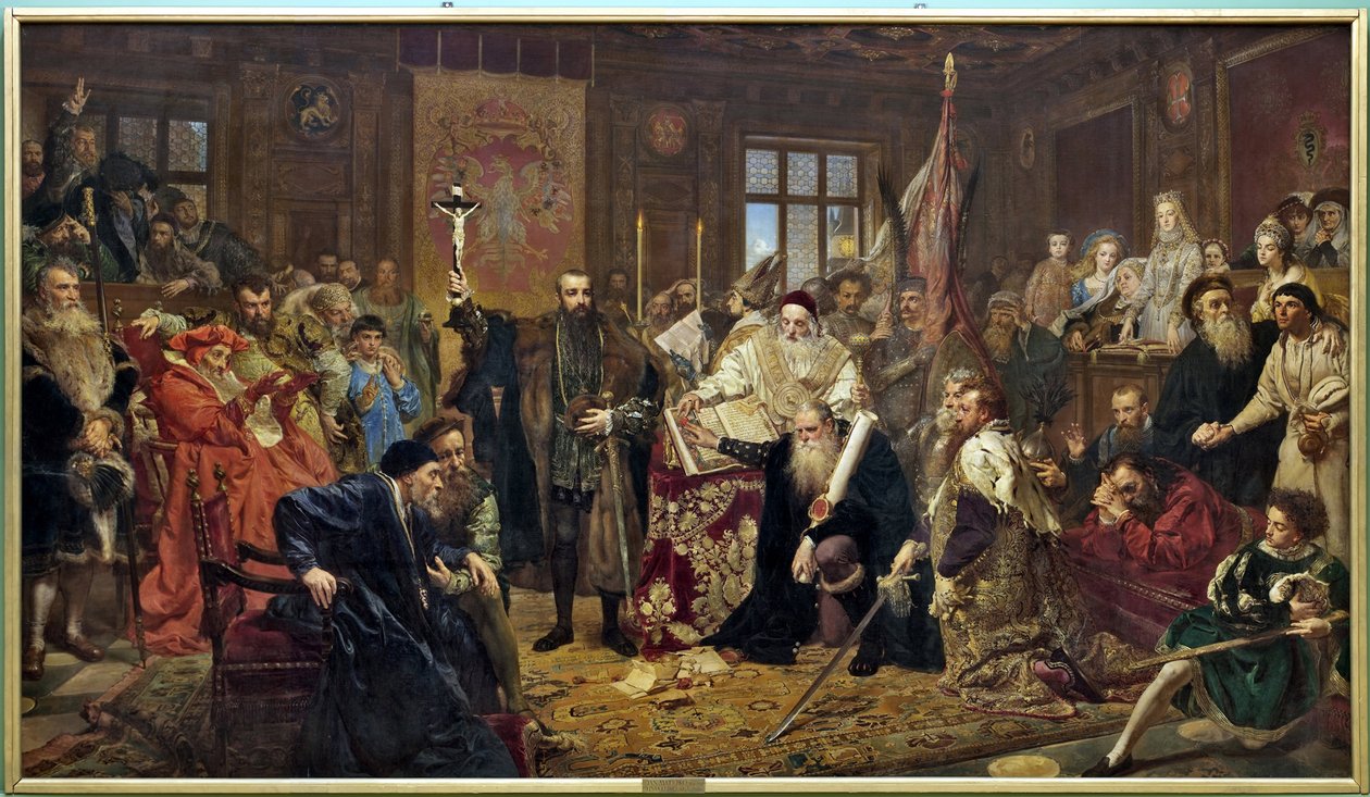 "Die Union von Lublin": Politischer Vertrag, unterzeichnet am 1. Juli 1569 in Lublin (Polen), der das Königreich Polen und das Großherzogtum Litauen zu einem Staat, der Republik der Zwei Nationen, vereinte, regiert von einer Wahlmonarchie von Jan Alojzy Matejko