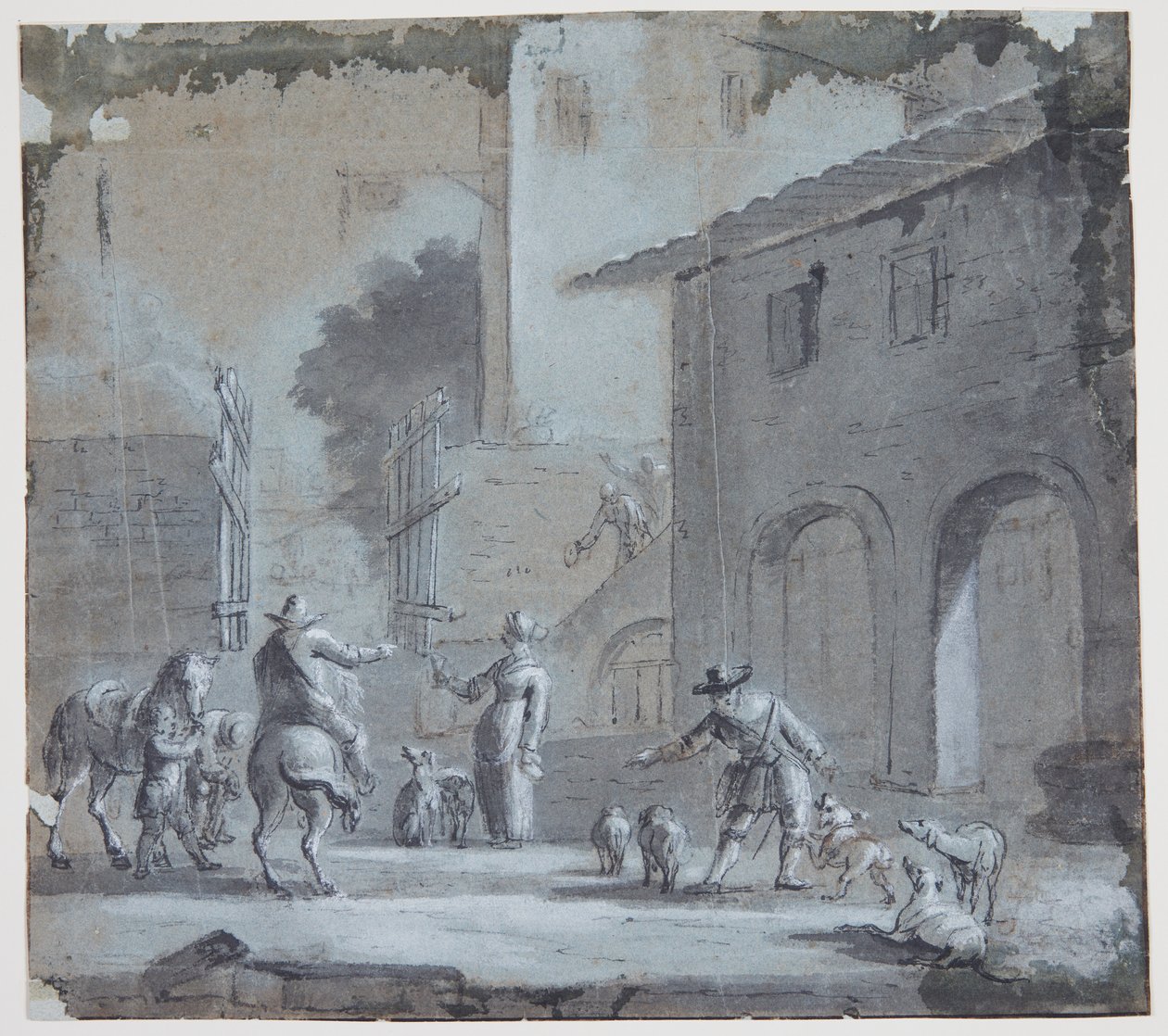 Stadtszene mit einem offenen Tor, Figuren und Tieren von Jan Asselijn