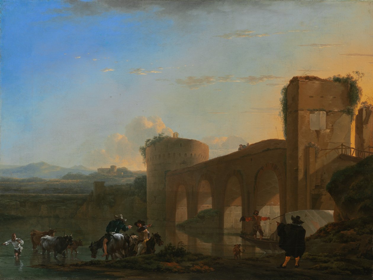 Der Tiber mit der Ponte Molle bei Sonnenuntergang von Jan Asselijn