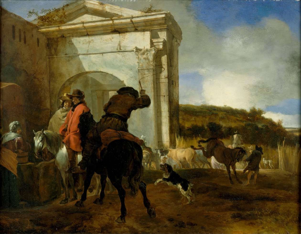 Italienische Landschaft mit Reitern an einer Quelle von Jan Baptist Weenix