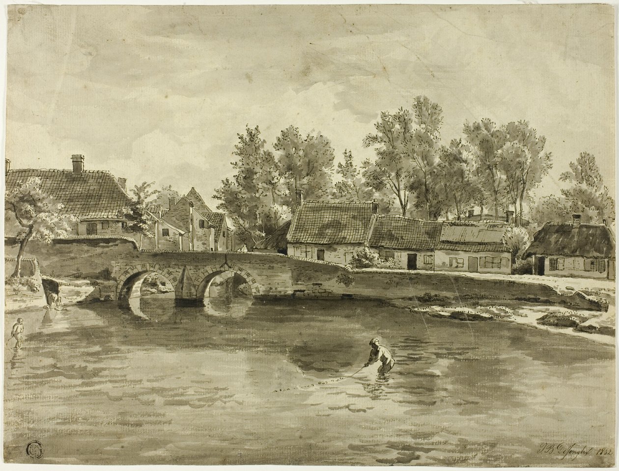 Mann angelt im Fluss nahe Dorf von Jan Baptiste de Jonghe