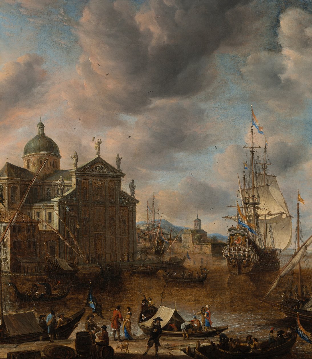 Ein mediterraner "capriccio" Hafen mit Figuren, die sich auf einem Kai unterhalten, und ein niederländischer Dreimaster, der dahinter anlegt, 1665 von Jan Beerstraten