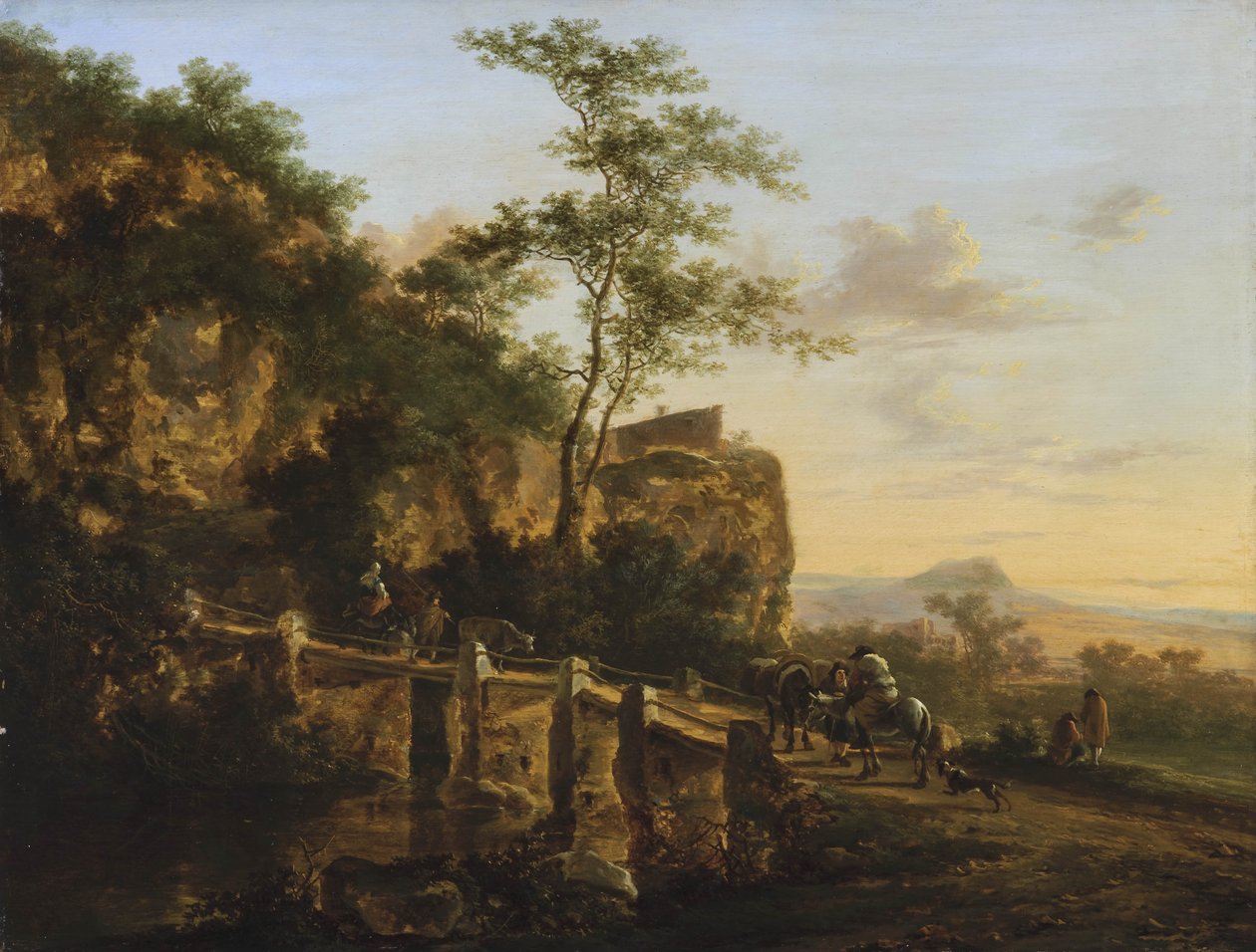 Südliche Landschaft mit Reisenden bei einer Brücke (die Ponte Acquoria bei Tivoli?) von Jan Both