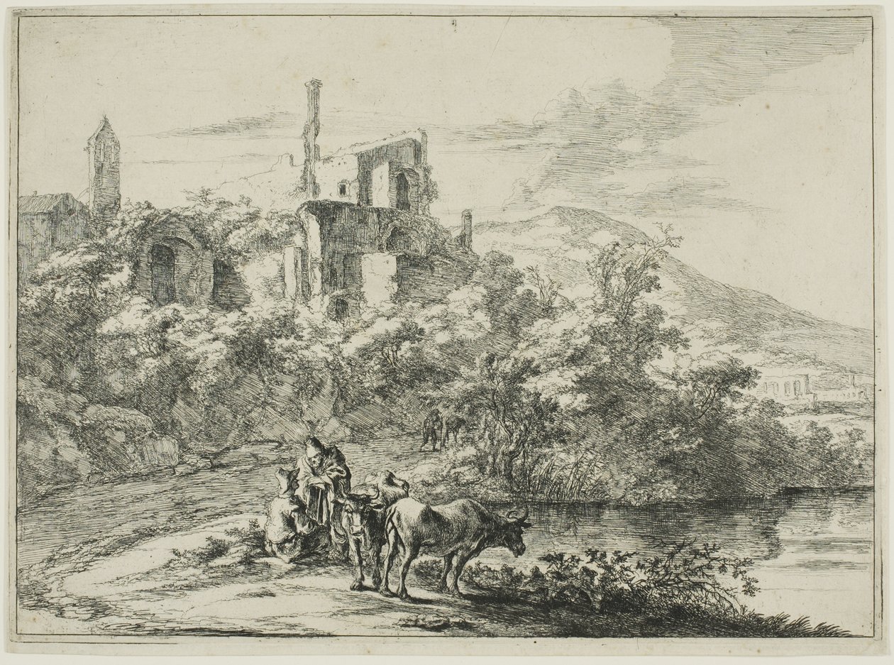 Landschaft mit Ruinen und zwei Kühen am Wasser, aus einer Serie von vier horizontalen römischen Landschaften von Jan Both