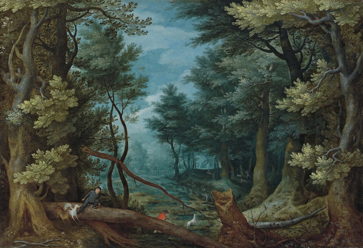 Waldlandschaft mit Jägern, die einen Hirsch verfolgen von Jan Brueghel the Elder