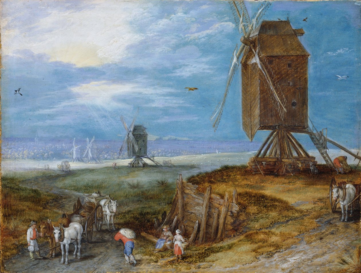 Weitläufige Landschaft mit Mühlen, Bauern und Karren im Vordergrund von Jan Brueghel the Elder