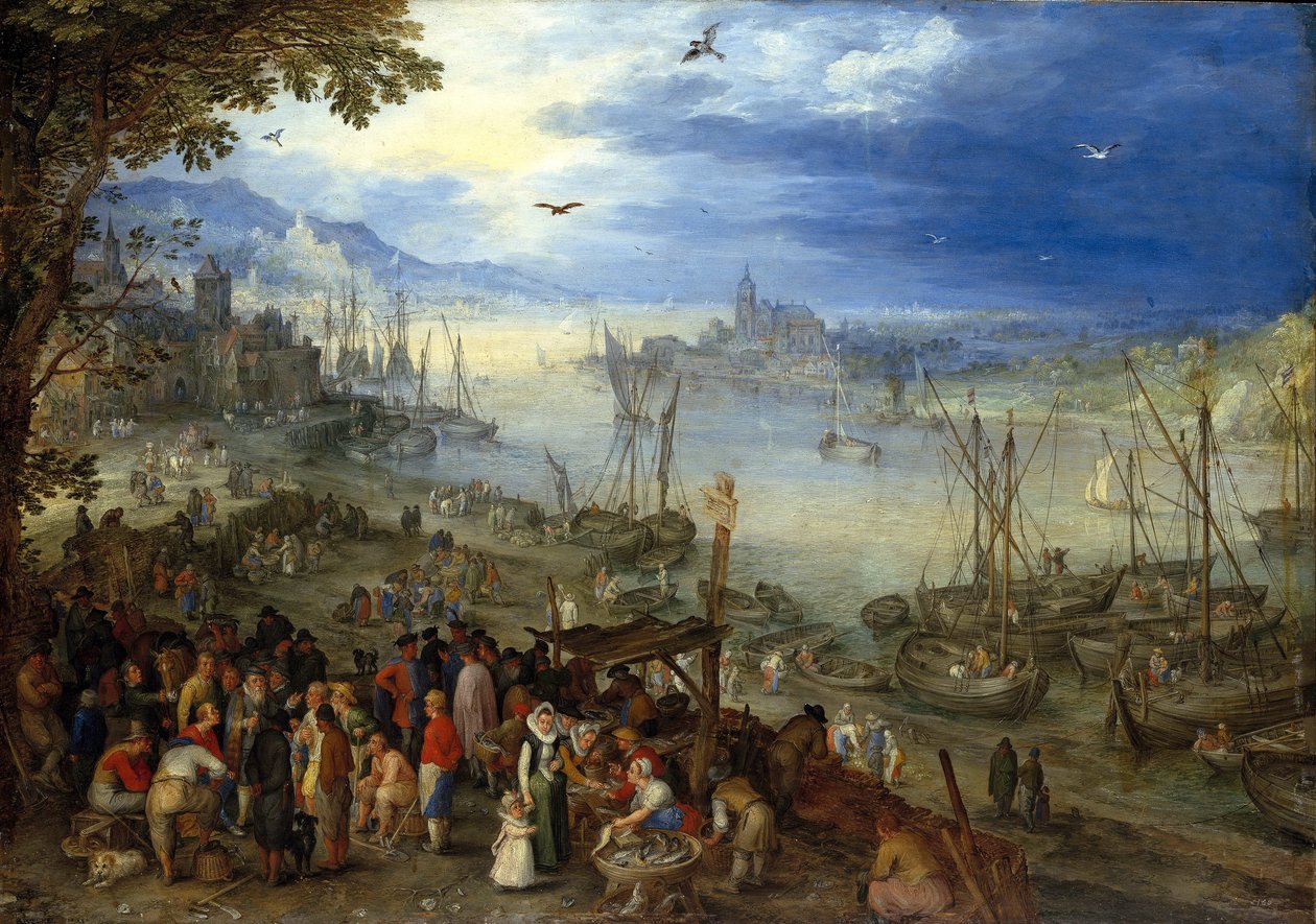 Fischmarkt am Ufer eines Flusses von Jan Brueghel the Elder