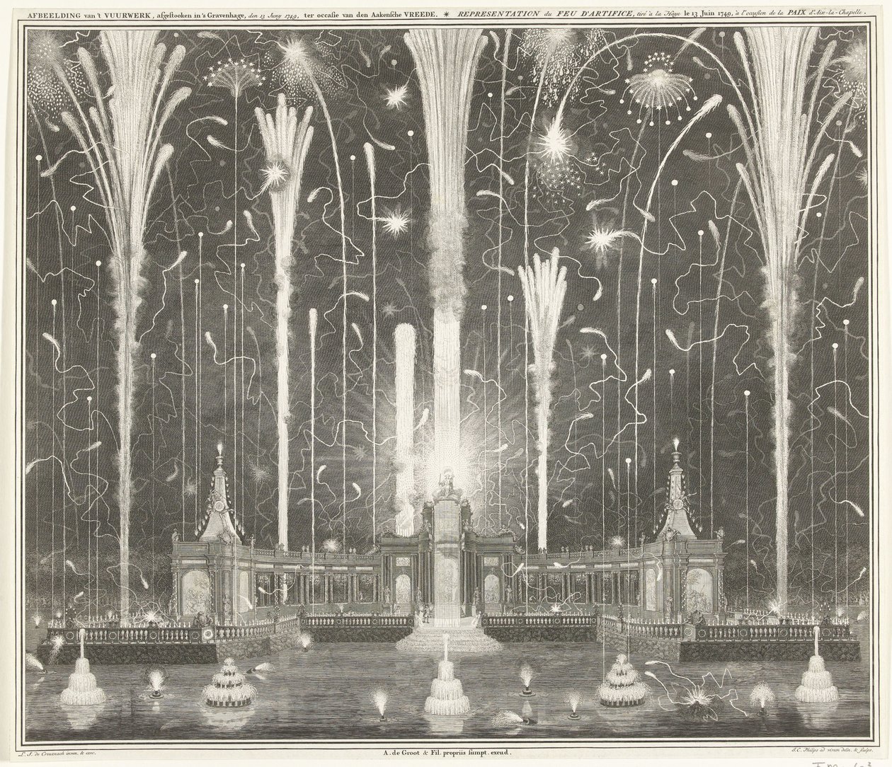 Feuerwerk in Den Haag zur Feier des Aachener Friedens, 1749 von Jan Caspar Philips