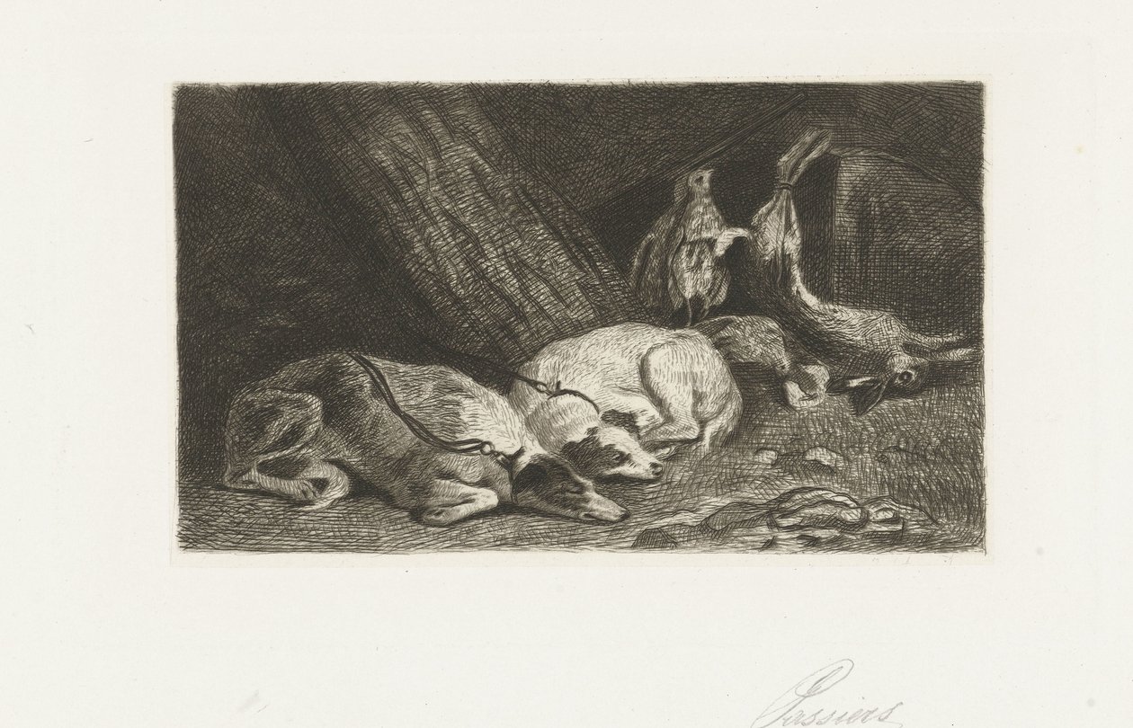 Zwei Hunde ruhen bei der Jagdbeute von Jan Cassiers