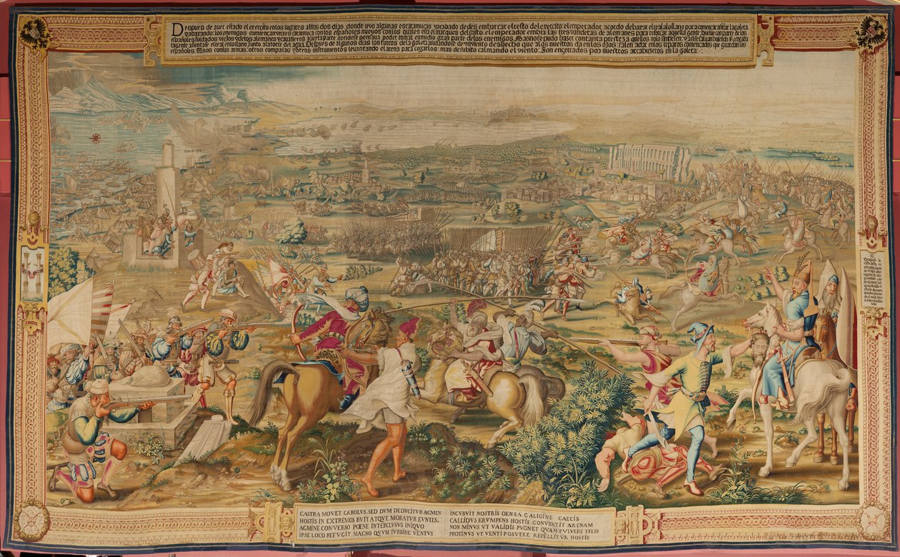 Flämischer Wandteppich. Serie Die Eroberung von Tunis. Der Angriff auf La Goleta. Vierter Wandteppich der Serie. Modell Jan Vermeyen und Pieter Coecke van Aelst. 1543-1548. Herstellung Real Fábrica de Tapices de Santa Bárbara, Madrid von Jan Cornelisz Vermeyen