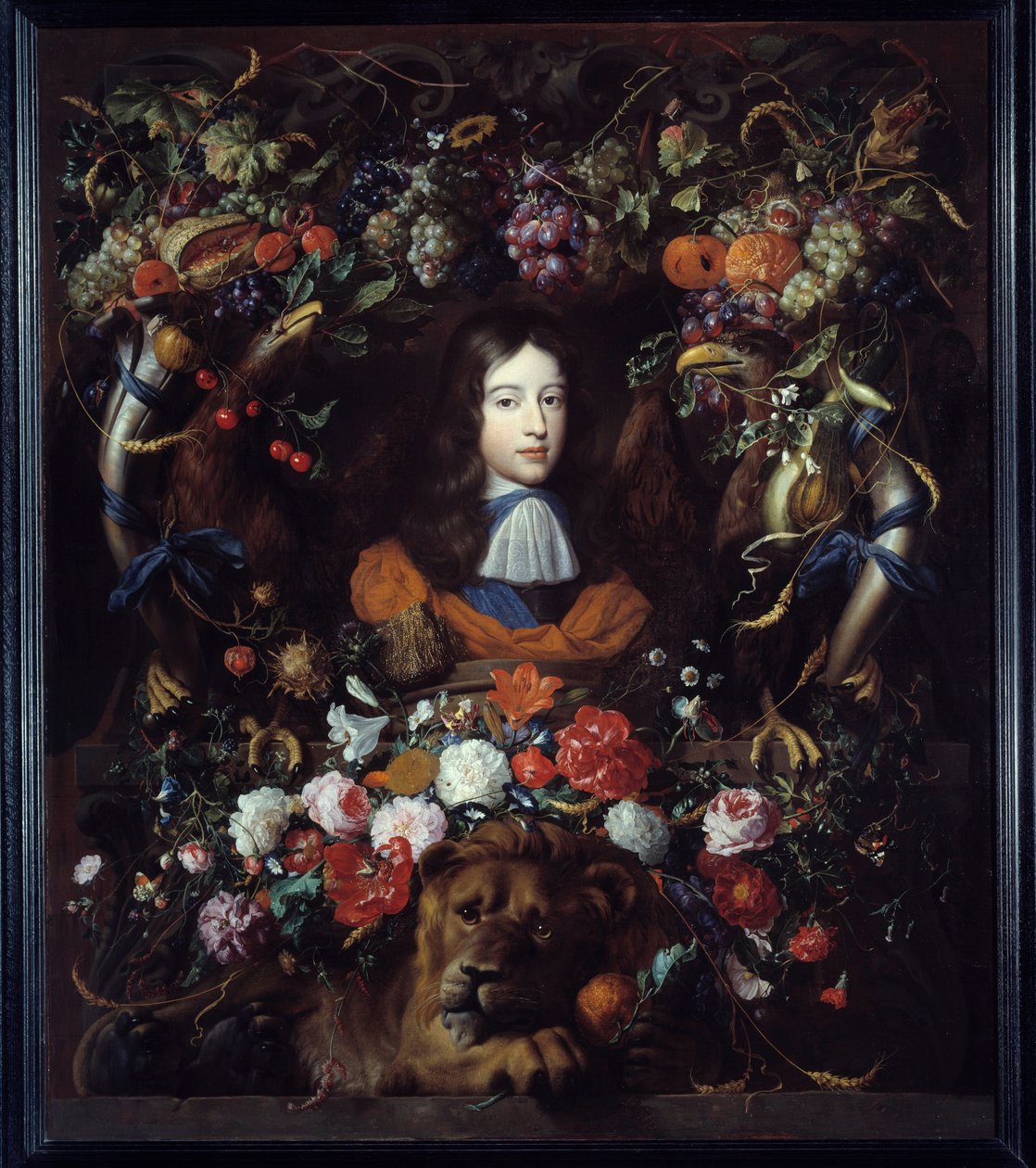Porträt von Wilhelm III. von Oranien in einem Blumenmedaillon von Jan Davidsz de Heem