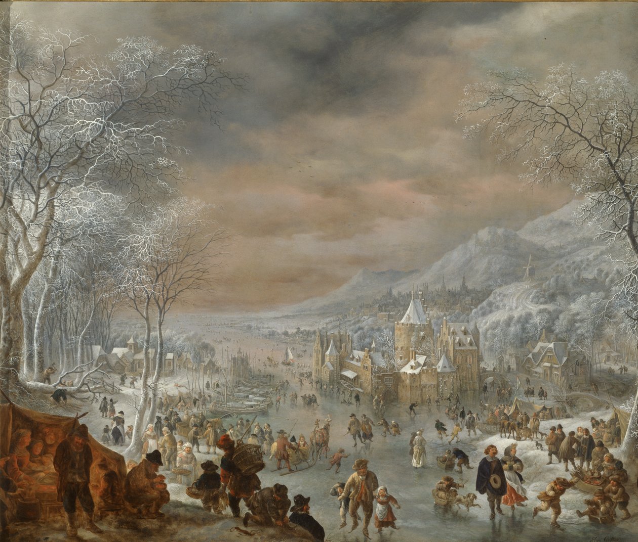 Winterlandschaft mit Schlittschuhläufern, Kirche und Dorf am Ufer eines Flusses von Jan Griffier