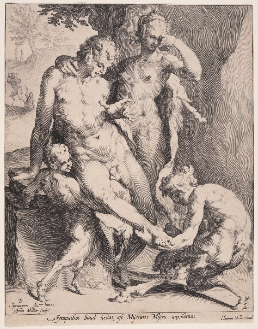 Oreaden ziehen einen Dorn aus dem Fuß eines Satyrs von Jan Harmensz. Muller