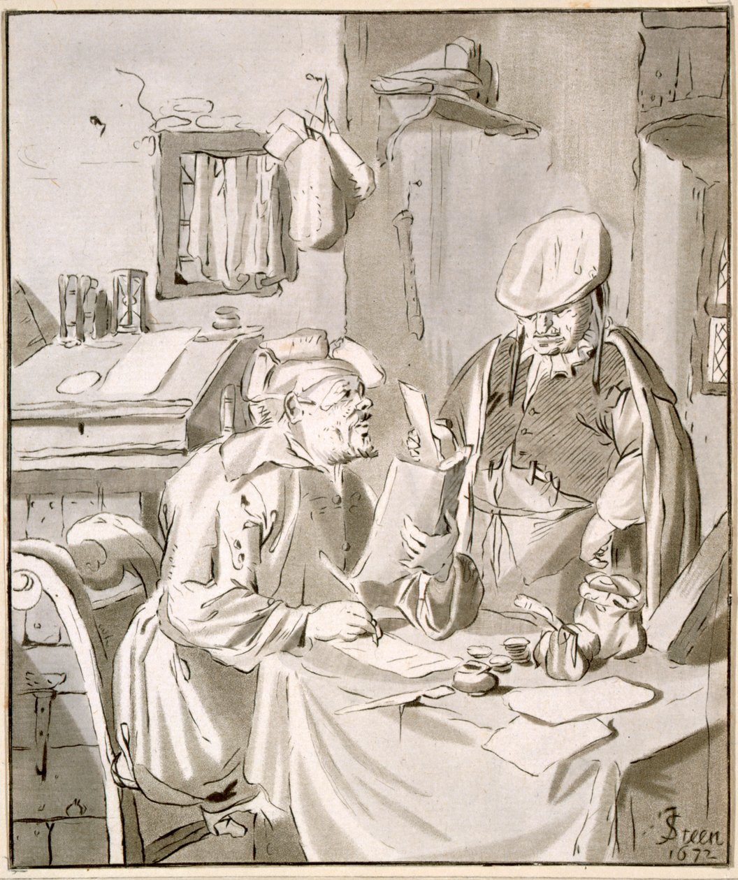 Zwei Männer diskutieren über Geld in einem Büro, 1672, kopiert von Cornelis Ploos van Amstel oder Christian Josi von Jan Havickszoon Steen