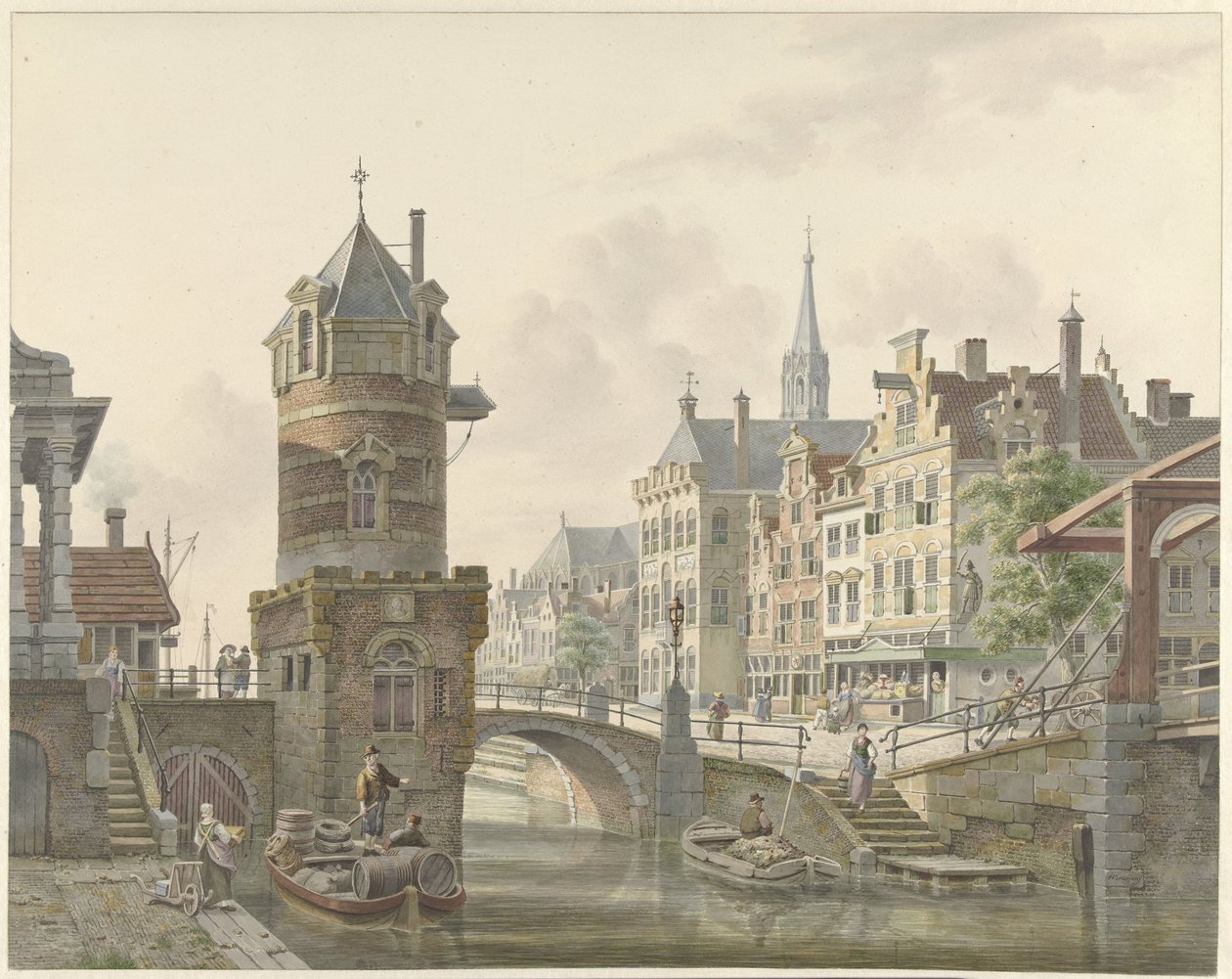 Kanal in einer Stadt mit einem Türmchen bei einer Steinbrücke von Jan Hendrik Verheijen