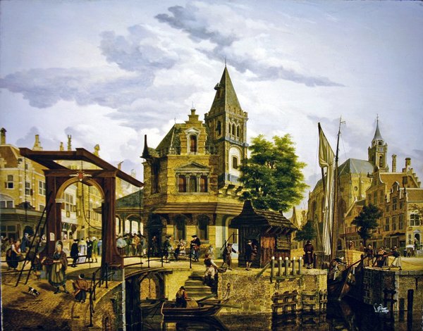Eine niederländische Straßenszene entlang eines Kanals von Jan Hendrik Verheyen