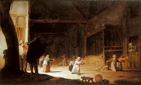 Ein Maskierter erschreckt Kinder in einer Scheune von Jan Jansz van Buesem