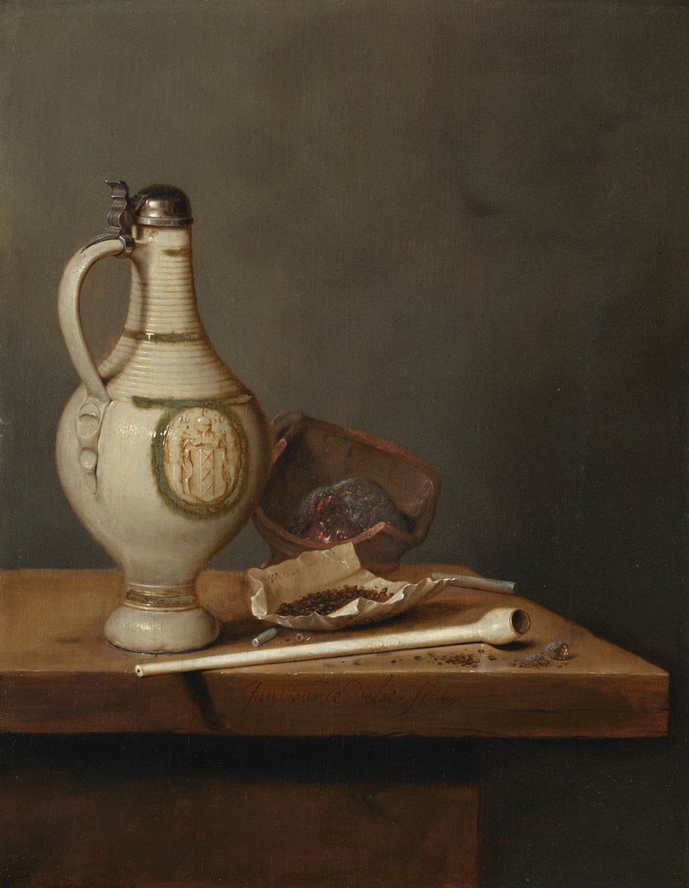 Stillleben mit Steinzeugkrug und Pfeife, Mitte der 1650er Jahre von Jan Jansz. van de Velde
